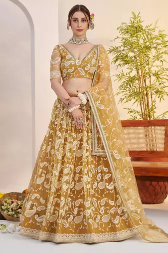 lightgolden Net With embroidered party wear lehenga choli