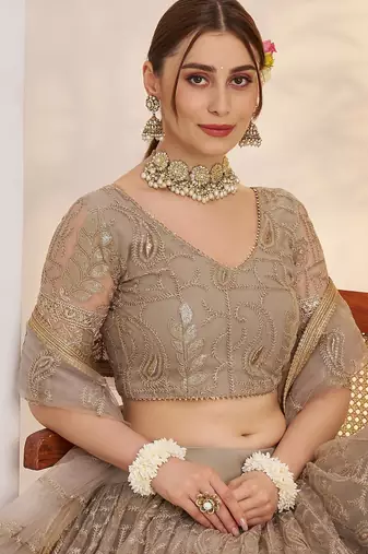 Matellicgrey Net With embroidered party wear lehenga choli