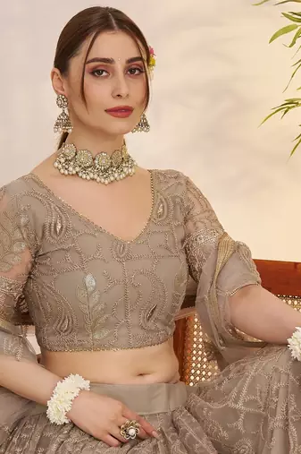 Matellicgrey Net With embroidered party wear lehenga choli