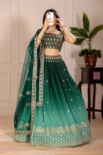 Green Shimmer Silk Zari Embroidered Sequins Lehenga Festive Wear