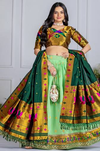 Green Sequence Embroidery Silk Lehenga Set With Dupatta