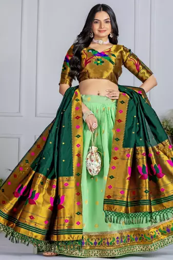 Green Sequence Embroidery Silk Lehenga Set With Dupatta