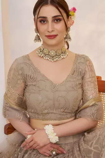 Matellicgrey Net With embroidered party wear lehenga choli