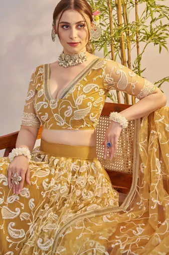 light golden Net With embroidered party wear lehenga choli