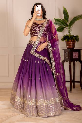 Eilara Women's Wine Shimmer Silk Zari Embroidered Sequins Lehenga Festive Wear