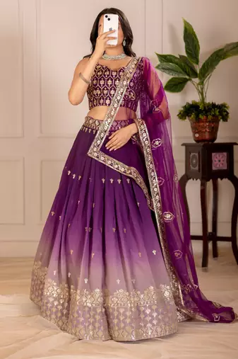 Eilara Women's Wine Shimmer Silk Zari Embroidered Sequins Lehenga Festive Wear
