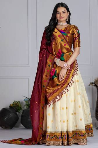 White Sequence Embroidery Silk Lehenga Set With Dupatta