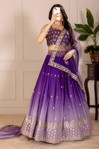 Purple Shimmer Silk Zari Embroidered Sequins Lehenga Festive Wear