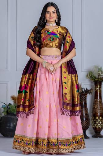 Pink Sequence Embroidery Silk Lehenga Set With Dupatta