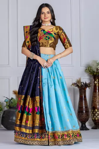 Blue Sequence Embroidery Silk Lehenga Set With Dupatta