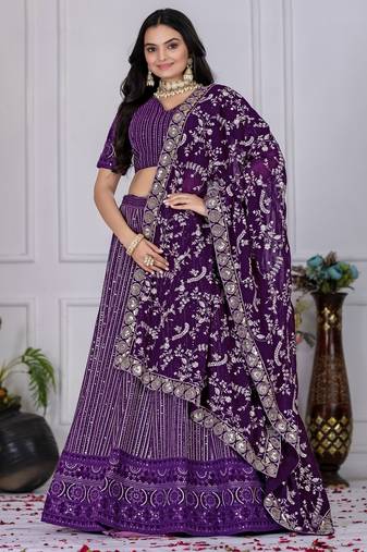 Purple Sequence Embroidery Georgette Lehenga Set With Dupatta