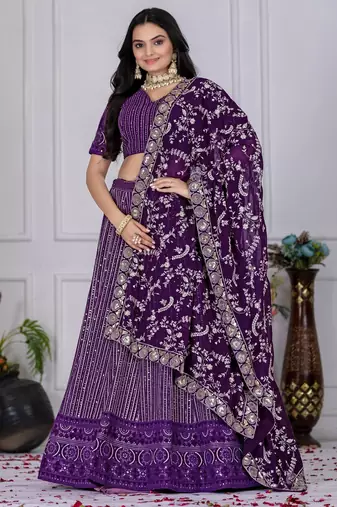 Purple Sequence Embroidery Georgette Lehenga Set With Dupatta