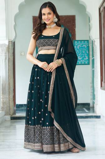 Eiilara Women's Green Sequence Embroidery Georgette Lehenga Set With Dupatta
