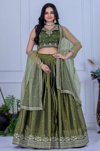 Mehendi Green Organza Zari Embroidered Sequins Lehenga Festive Wear