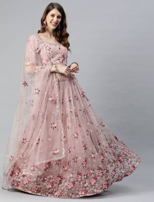 Enchanting light pink embroidered net wedding lehenga choli with dupatta 1