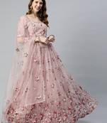 Enchanting light pink embroidered net wedding lehenga choli with dupatta