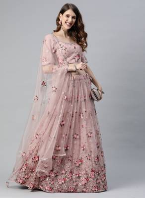 Enchanting light pink embroidered net wedding lehenga choli with dupatta 3