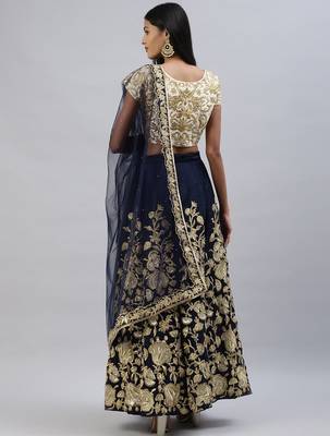 Navy blue zari sequins embroidered velvet lehenga choli 1