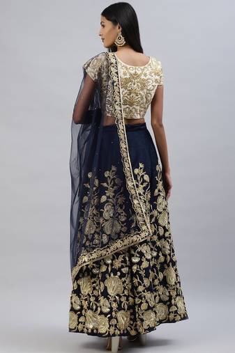 Navy blue zari sequins embroidered velvet lehenga choli