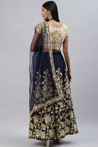Navy blue zari sequins embroidered velvet lehenga choli