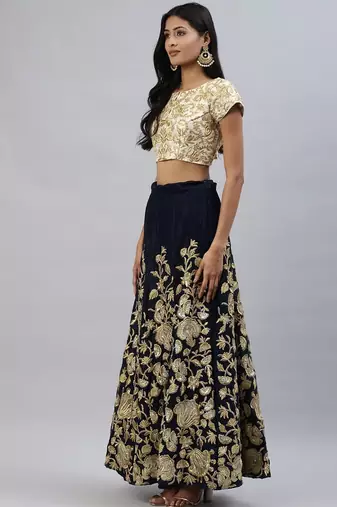 Navy blue zari sequins embroidered velvet lehenga choli