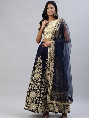 Navy blue zari sequins embroidered velvet lehenga choli 3