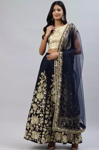 Navy blue zari sequins embroidered velvet lehenga choli