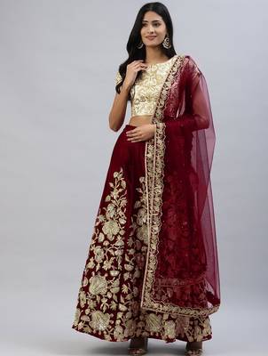 Maroon zari sequins embroidered velvet lehenga choli 1