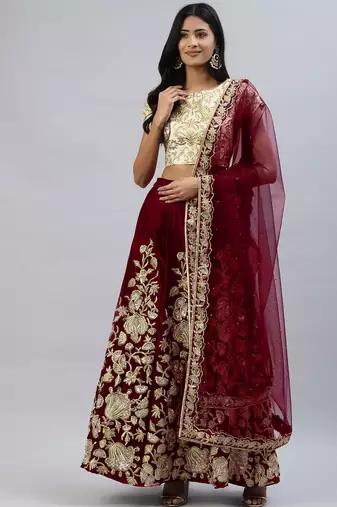 Maroon zari sequins embroidered velvet lehenga choli