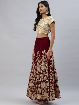 Maroon zari sequins embroidered velvet lehenga choli 2