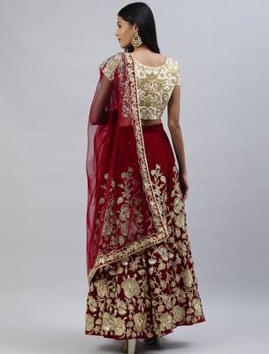 Maroon zari sequins embroidered velvet lehenga choli 3