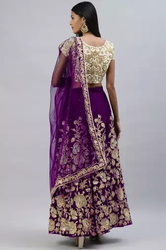 Purple zari sequins embroidered velvet lehenga choli