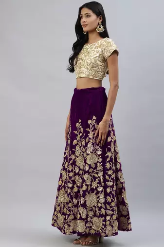 Purple zari sequins embroidered velvet lehenga choli