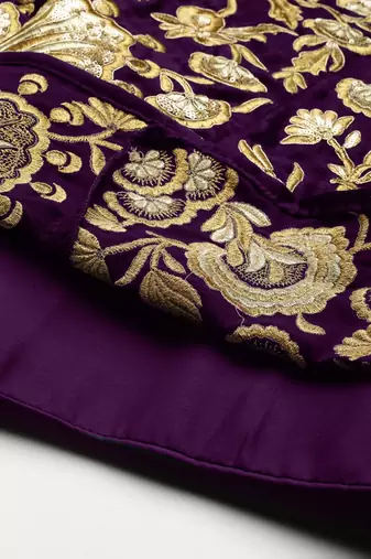 Purple zari sequins embroidered velvet lehenga choli