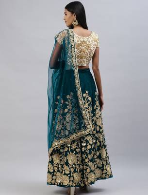 Turquoise zari sequins embroidered velvet lehenga choli 2