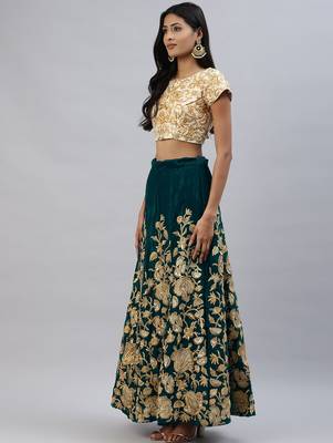 Turquoise zari sequins embroidered velvet lehenga choli 3