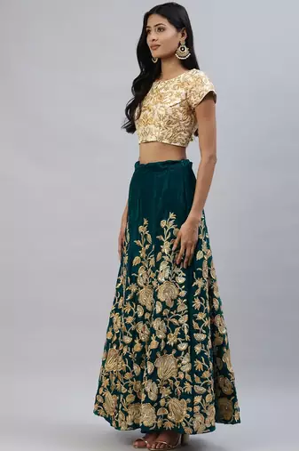 Turquoise zari sequins embroidered velvet lehenga choli