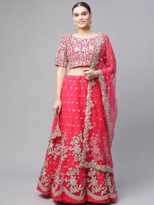 Women's Pink sequins and dori embroidered soft net festive & party wear semi stitched lehenga 1