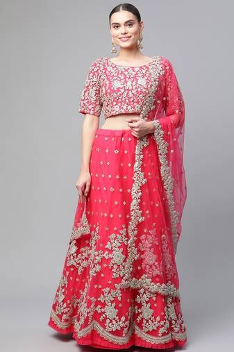 Women's Pink sequins and dori embroidered soft net festive & party wear semi stitched lehenga