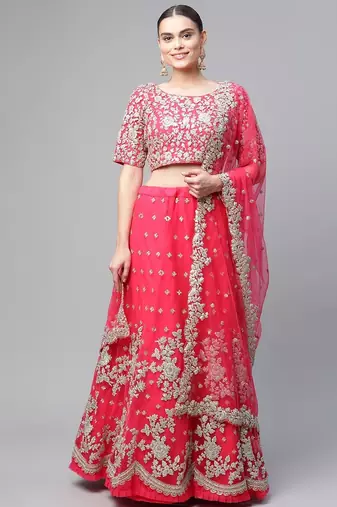 Women's Pink sequins and dori embroidered soft net festive & party wear semi stitched lehenga
