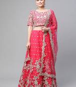 Women's Pink sequins and dori embroidered soft net festive & party wear semi stitched lehenga