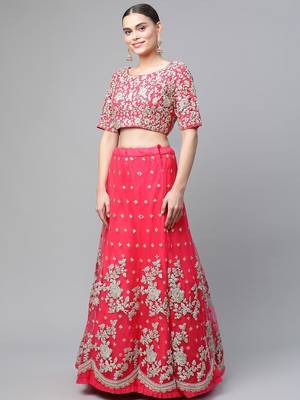 Women's Pink sequins and dori embroidered soft net festive & party wear semi stitched lehenga 2