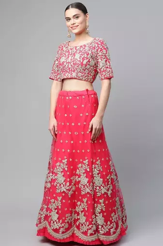 Women's Pink sequins and dori embroidered soft net festive & party wear semi stitched lehenga