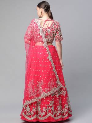 Women's Pink sequins and dori embroidered soft net festive & party wear semi stitched lehenga 3