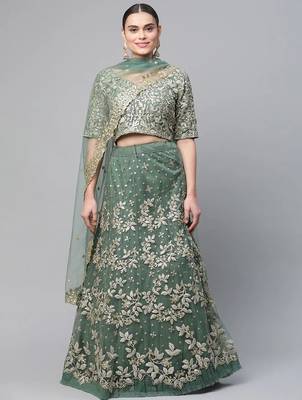 Women's green dori & sequins embroidered net lehenga for bride 1