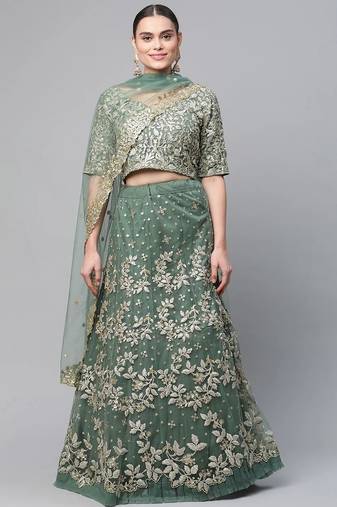 Women's green dori & sequins embroidered net lehenga for bride