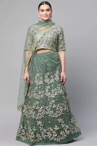 Women's green dori & sequins embroidered net lehenga for bride