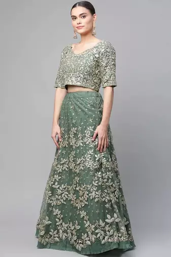 Women's green dori & sequins embroidered net lehenga for bride