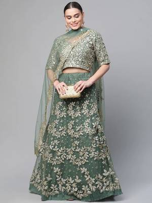 Women's green dori & sequins embroidered net lehenga for bride 3