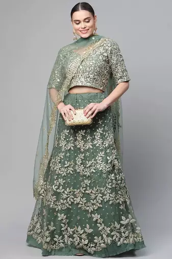 Women's green dori & sequins embroidered net lehenga for bride